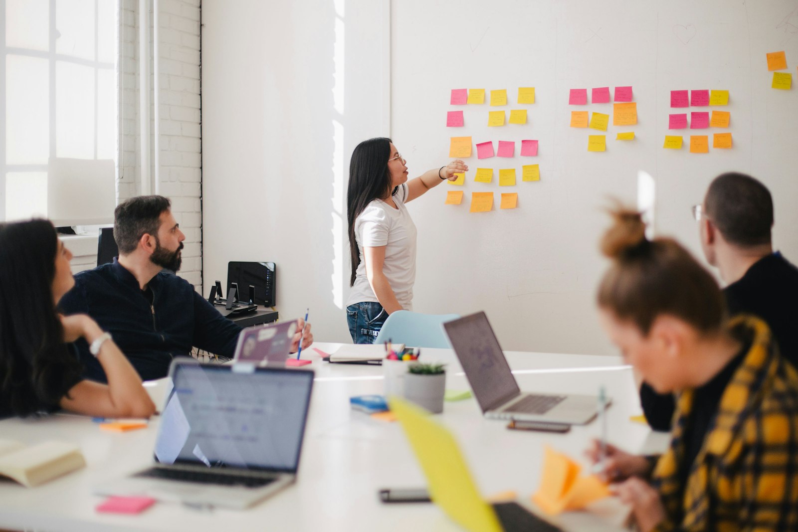 A team mapping a plan with sticky notes on a whiteboard